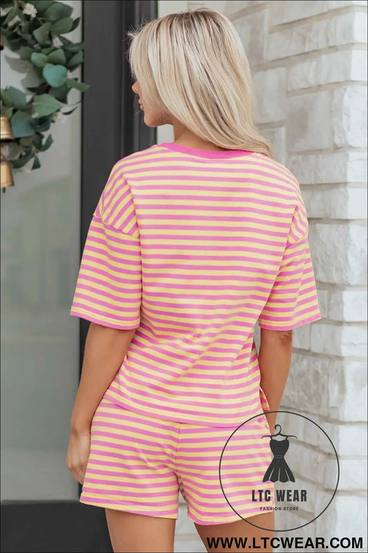 Rose Stripe Drop Shoulder Boxy Casual Terry Short Set