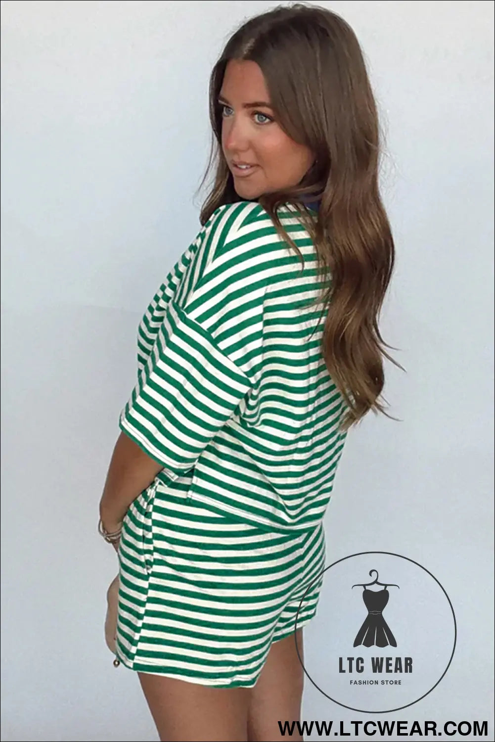 Rose Stripe Drop Shoulder Boxy Casual Terry Short Set - L.T.C Wear Online Fashion Store