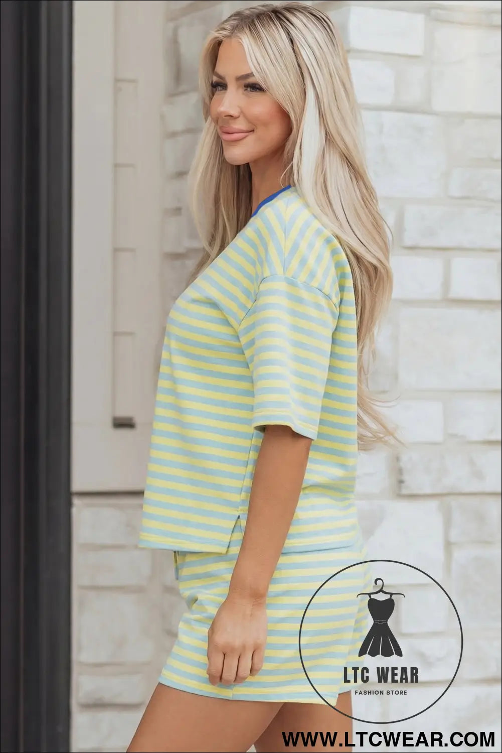 Rose Stripe Drop Shoulder Boxy Casual Terry Short Set - L.T.C Wear Online Fashion Store