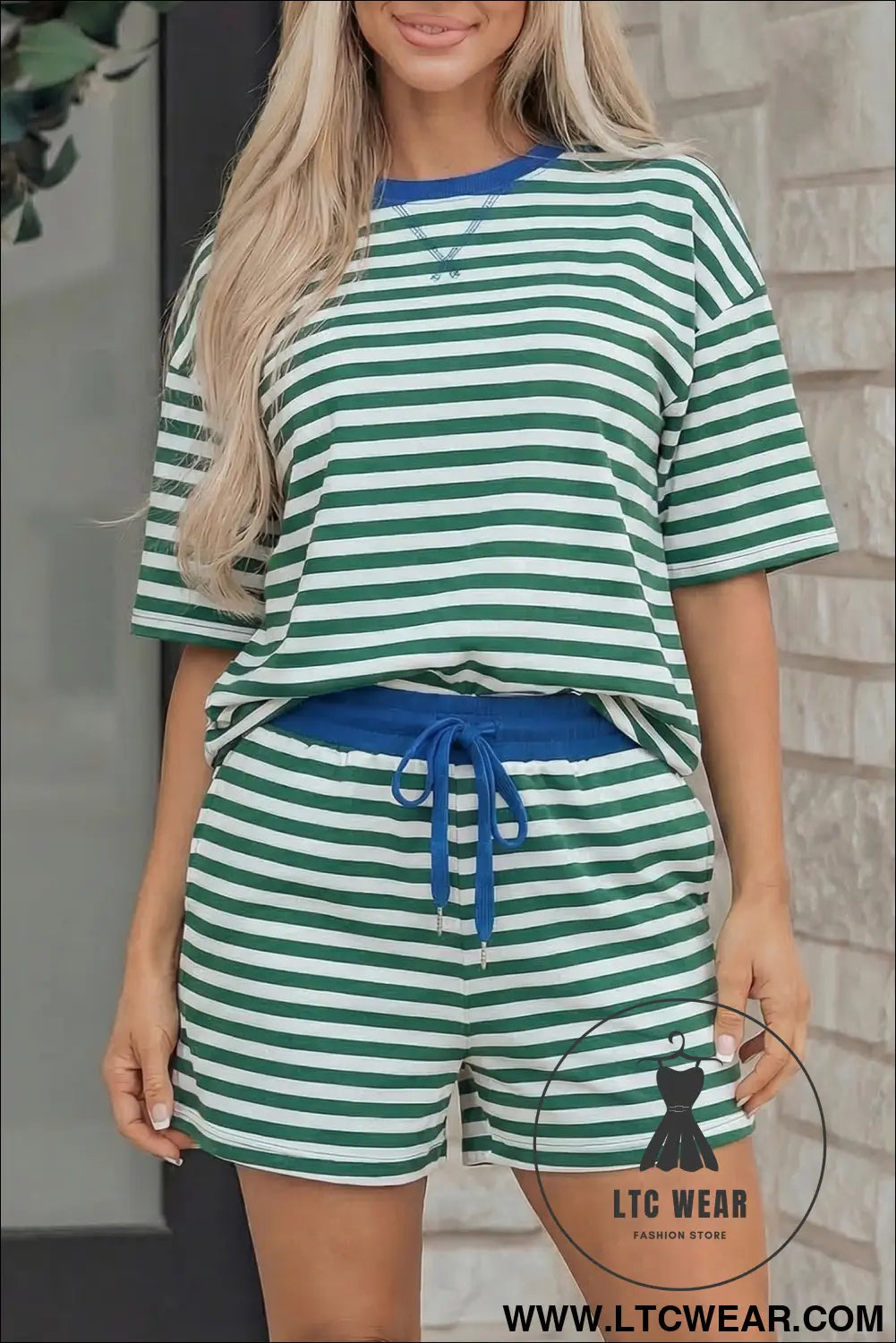 Rose Stripe Drop Shoulder Boxy Casual Terry Short Set - L.T.C Wear Online Fashion Store