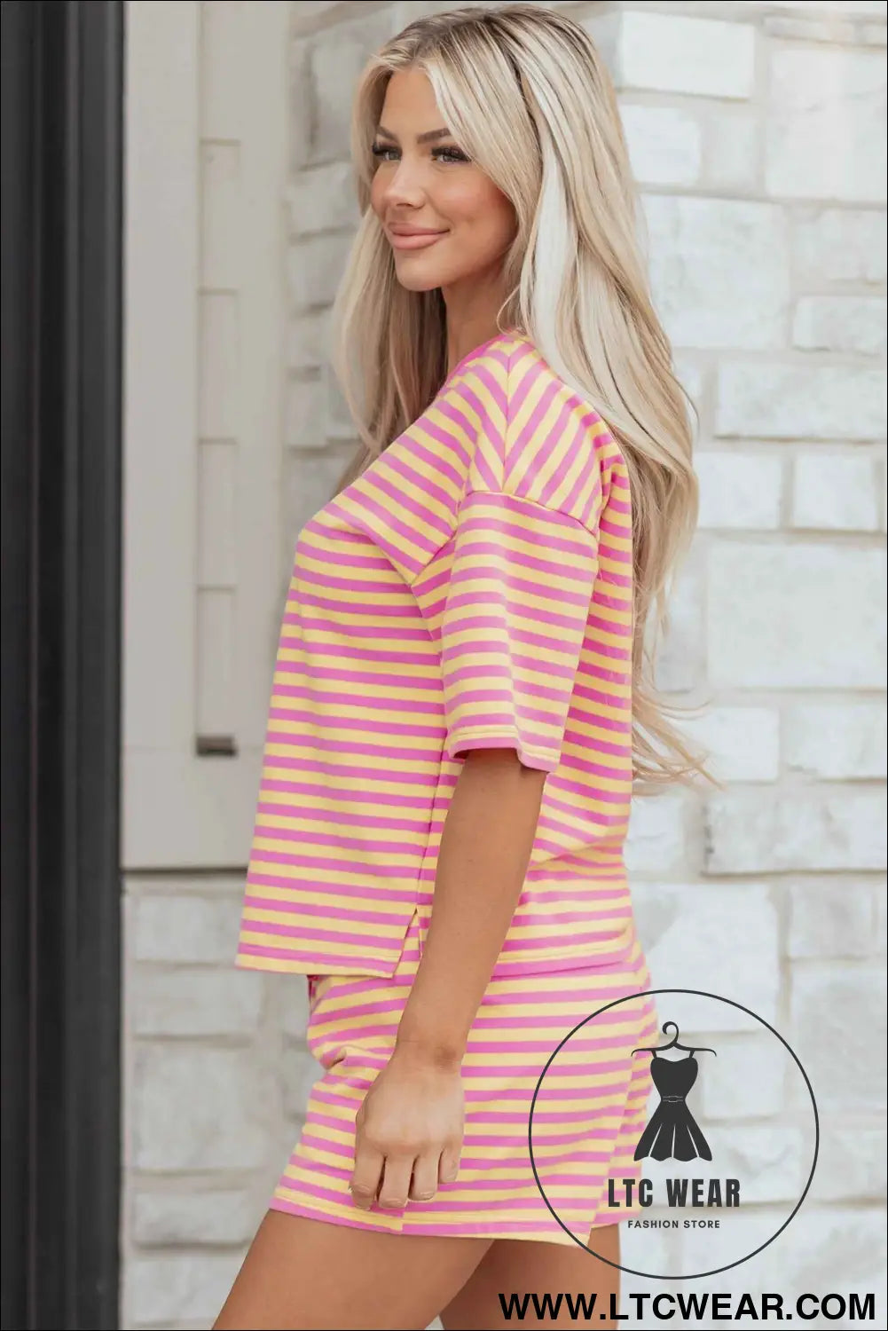 Rose Stripe Drop Shoulder Boxy Casual Terry Short Set
