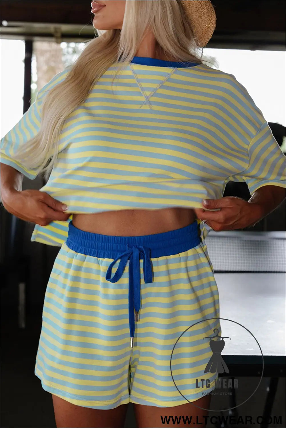 Rose Stripe Drop Shoulder Boxy Casual Terry Short Set - L.T.C Wear Online Fashion Store