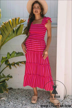 Rose Stripe Flutter Sleeve Smocked Bodice Tiered Maxi Dress