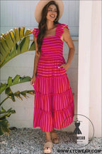 Rose Stripe Flutter Sleeve Smocked Bodice Tiered Maxi Dress