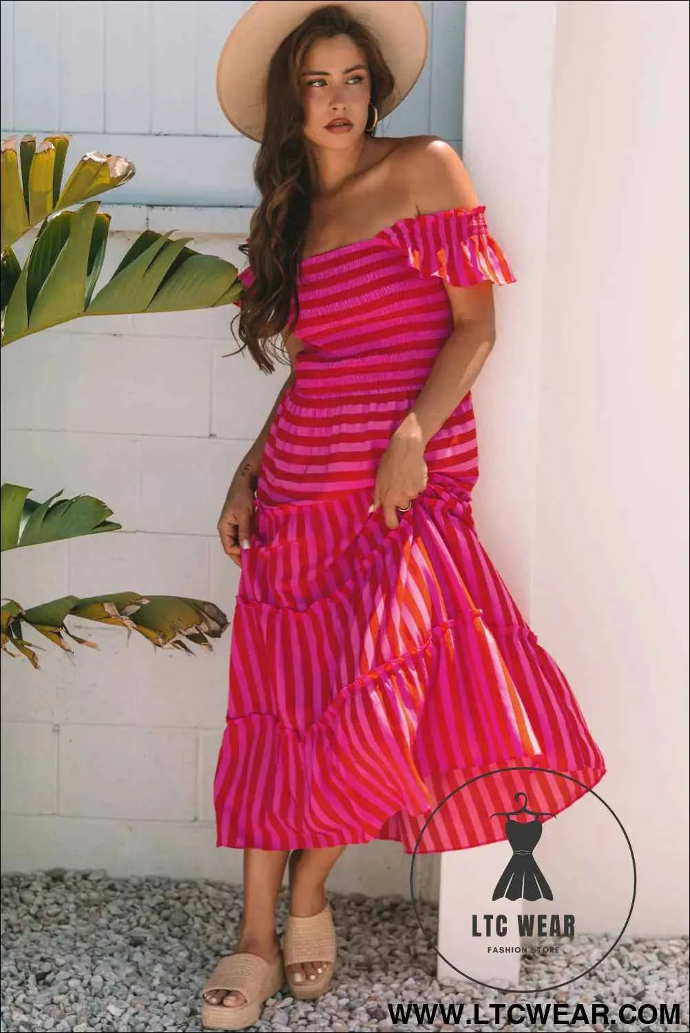 Rose Stripe Flutter Sleeve Smocked Bodice Tiered Maxi Dress