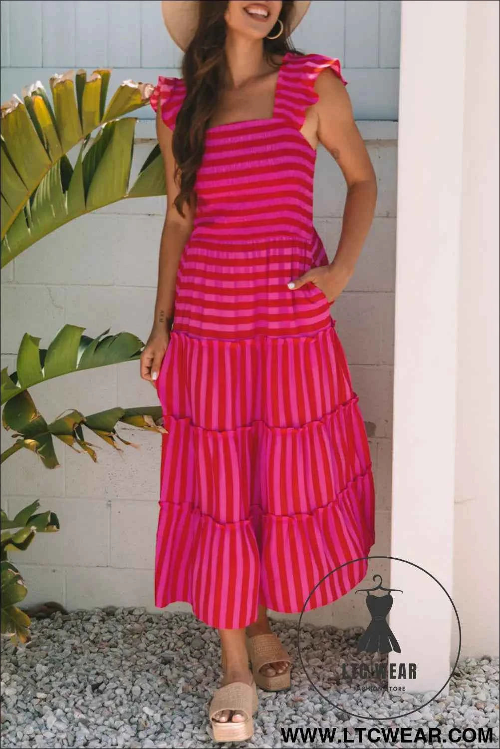 Rose Stripe Flutter Sleeve Smocked Bodice Tiered Maxi Dress
