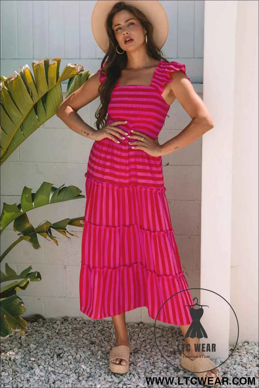 Rose Stripe Flutter Sleeve Smocked Bodice Tiered Maxi Dress