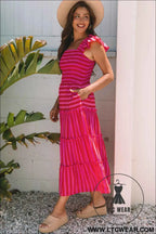Rose Stripe Flutter Sleeve Smocked Bodice Tiered Maxi Dress