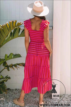 Rose Stripe Flutter Sleeve Smocked Bodice Tiered Maxi Dress