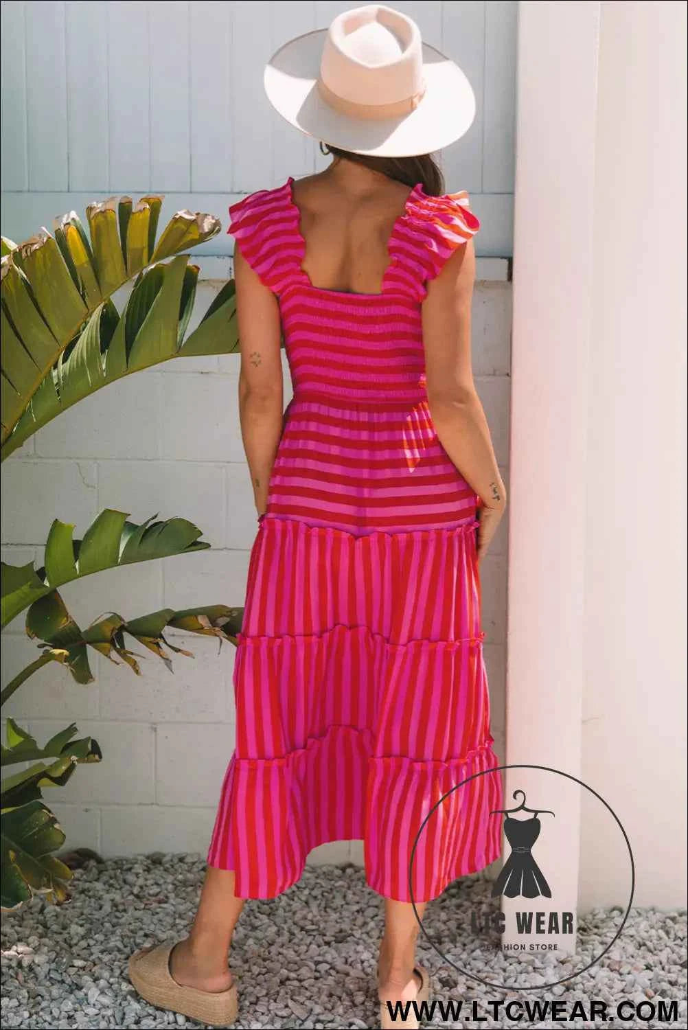 Rose Stripe Flutter Sleeve Smocked Bodice Tiered Maxi Dress