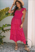 Rose Stripe Flutter Sleeve Smocked Bodice Tiered Maxi Dress