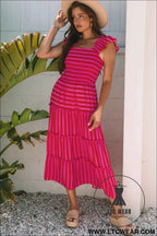 Rose Stripe Flutter Sleeve Smocked Bodice Tiered Maxi Dress
