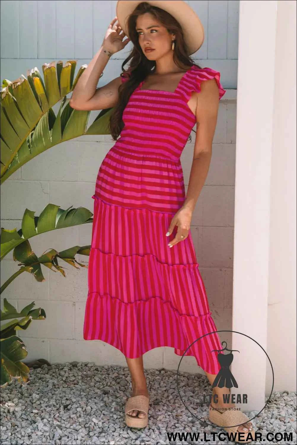 Rose Stripe Flutter Sleeve Smocked Bodice Tiered Maxi Dress