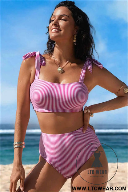 Rose Stripe Print Knot Straps 2pcs High Waist Bikini Swimsuit