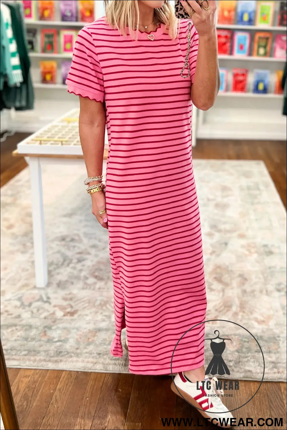 Rose Stripe Striped Short Sleeve Scalloped Trim Side Slit T-Shirt Dress - L.T.C Wear Online Fashion Store