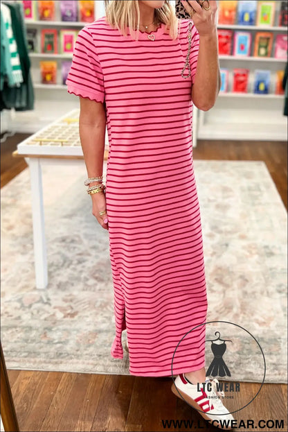 Rose Stripe Striped Short Sleeve Scalloped Trim Side Slit T-Shirt Dress - L.T.C Wear Online Fashion Store