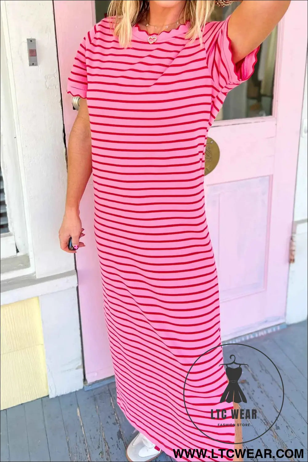 Rose Stripe Striped Short Sleeve Scalloped Trim Side Slit T-Shirt Dress