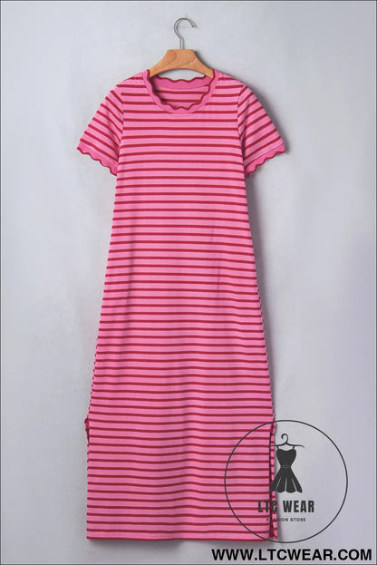 Rose Stripe Striped Short Sleeve Scalloped Trim Side Slit T-Shirt Dress - L.T.C Wear Online Fashion Store