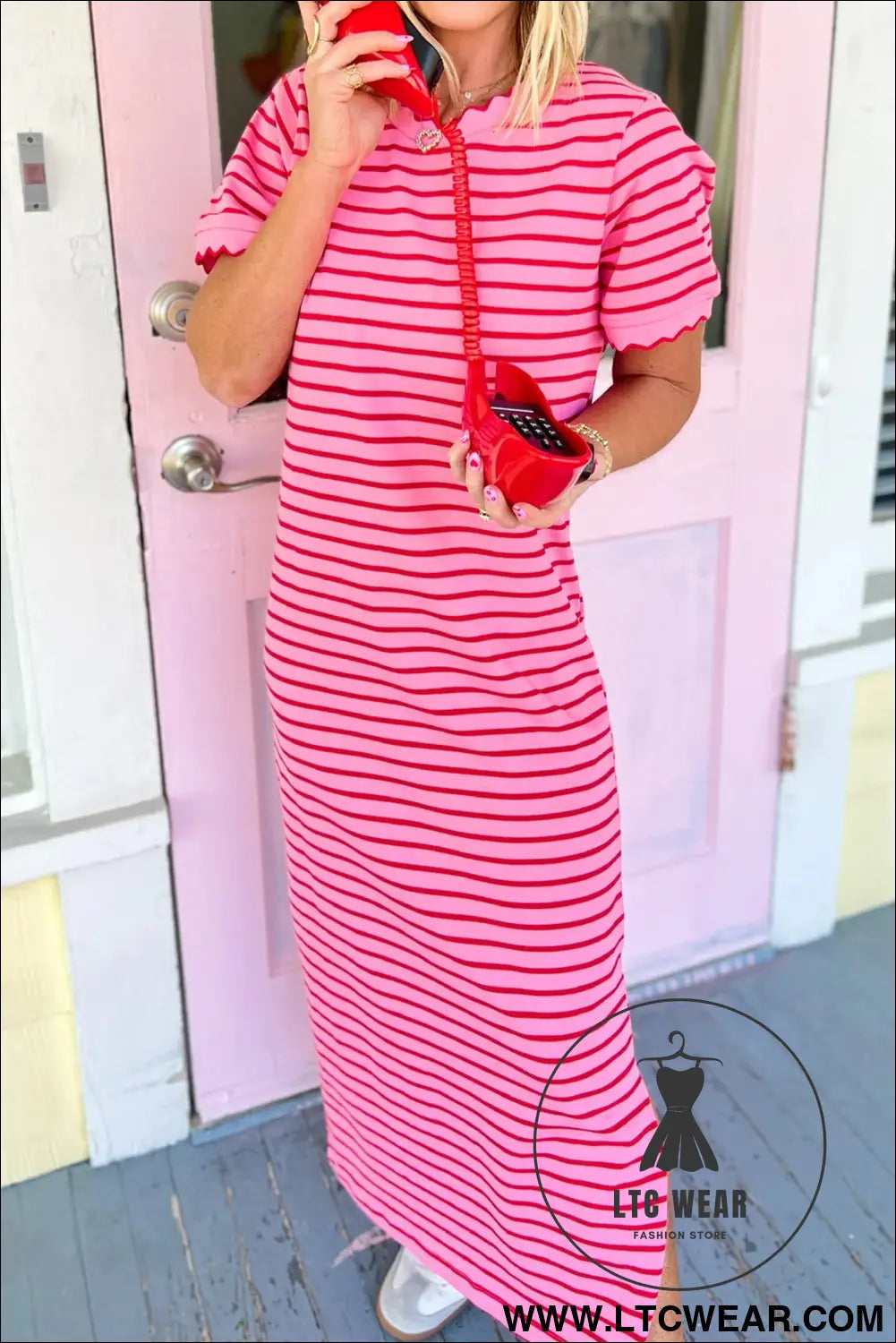 Rose Stripe Striped Short Sleeve Scalloped Trim Side Slit T-Shirt Dress - L.T.C Wear Online Fashion Store