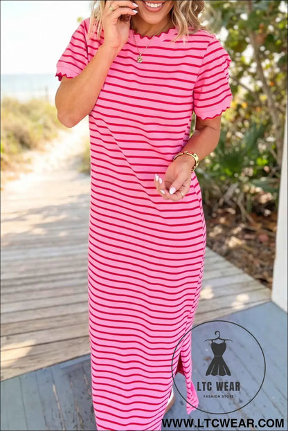 Rose Stripe Striped Short Sleeve Scalloped Trim Side Slit T-Shirt Dress
