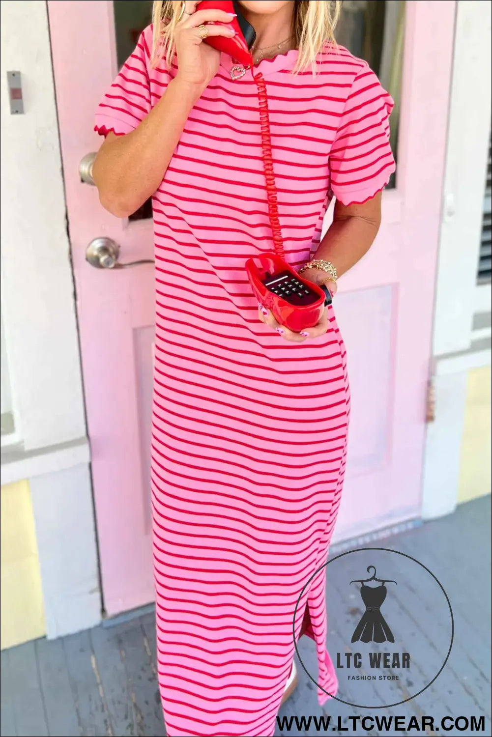 Rose Stripe Striped Short Sleeve Scalloped Trim Side Slit T-Shirt Dress
