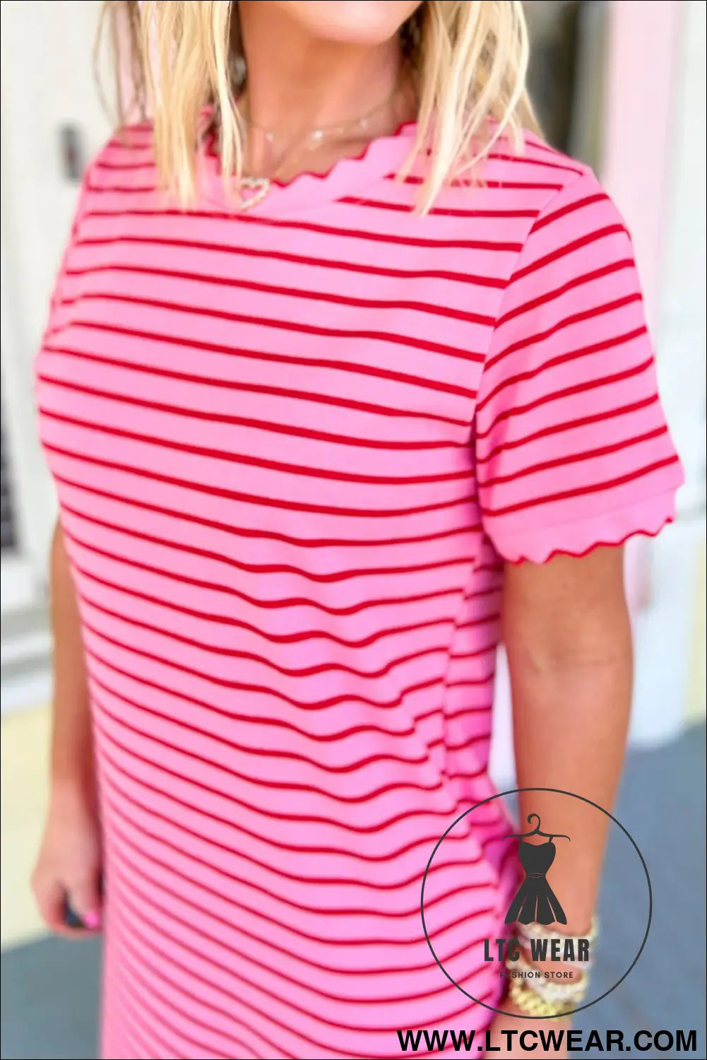 Rose Stripe Striped Short Sleeve Scalloped Trim Side Slit T-Shirt Dress - L.T.C Wear Online Fashion Store