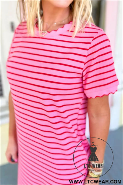 Rose Stripe Striped Short Sleeve Scalloped Trim Side Slit T-Shirt Dress - L.T.C Wear Online Fashion Store