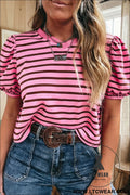 Rose stripe striped v-neck ribbed collar cuff gathering puff sleeve top - rose stripe / l / 95% cotton + 5% elastane