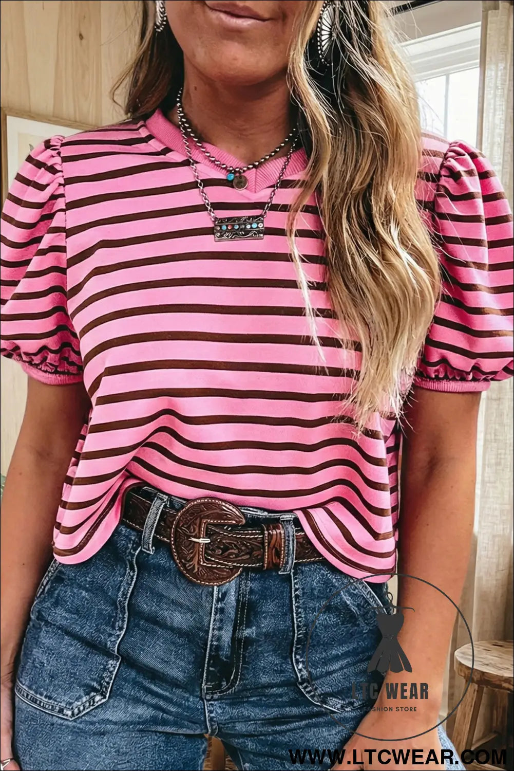Rose stripe striped v-neck ribbed collar cuff gathering puff sleeve top - rose stripe / l / 95% cotton + 5% elastane