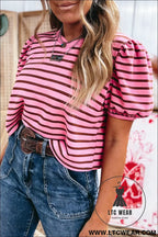 Rose stripe striped v-neck ribbed collar cuff gathering puff sleeve top - tops & tees