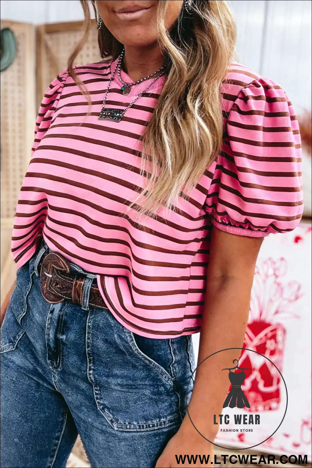 Rose stripe striped v-neck ribbed collar cuff gathering puff sleeve top - tops & tees