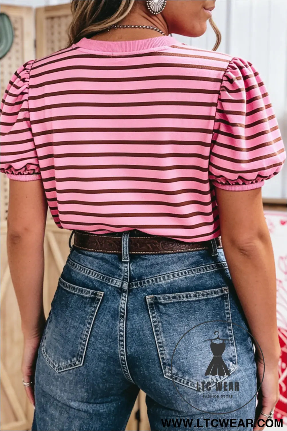 Rose stripe striped v-neck ribbed collar cuff gathering puff sleeve top - tops & tees