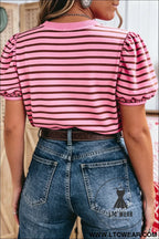Rose stripe striped v-neck ribbed collar cuff gathering puff sleeve top - tops & tees