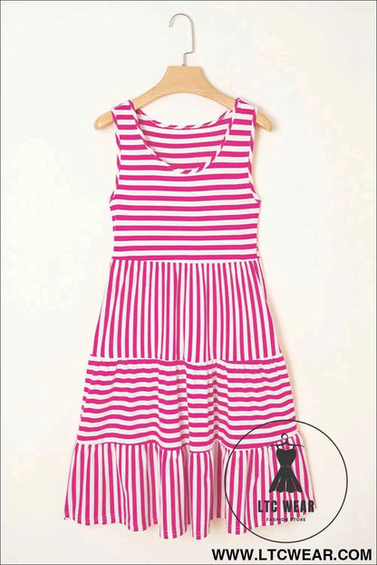 Rose Stripe U Neck Sleeveless Loose Fit Mini Dress