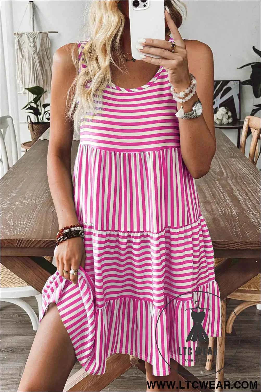 Rose Stripe U Neck Sleeveless Loose Fit Mini Dress