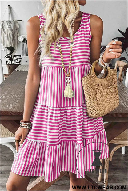 Rose Stripe U Neck Sleeveless Loose Fit Mini Dress