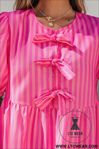 Rose Striped Print Bow Detail Short Puff Sleeve Mini Dress - L.T.C Wear Online Fashion Store