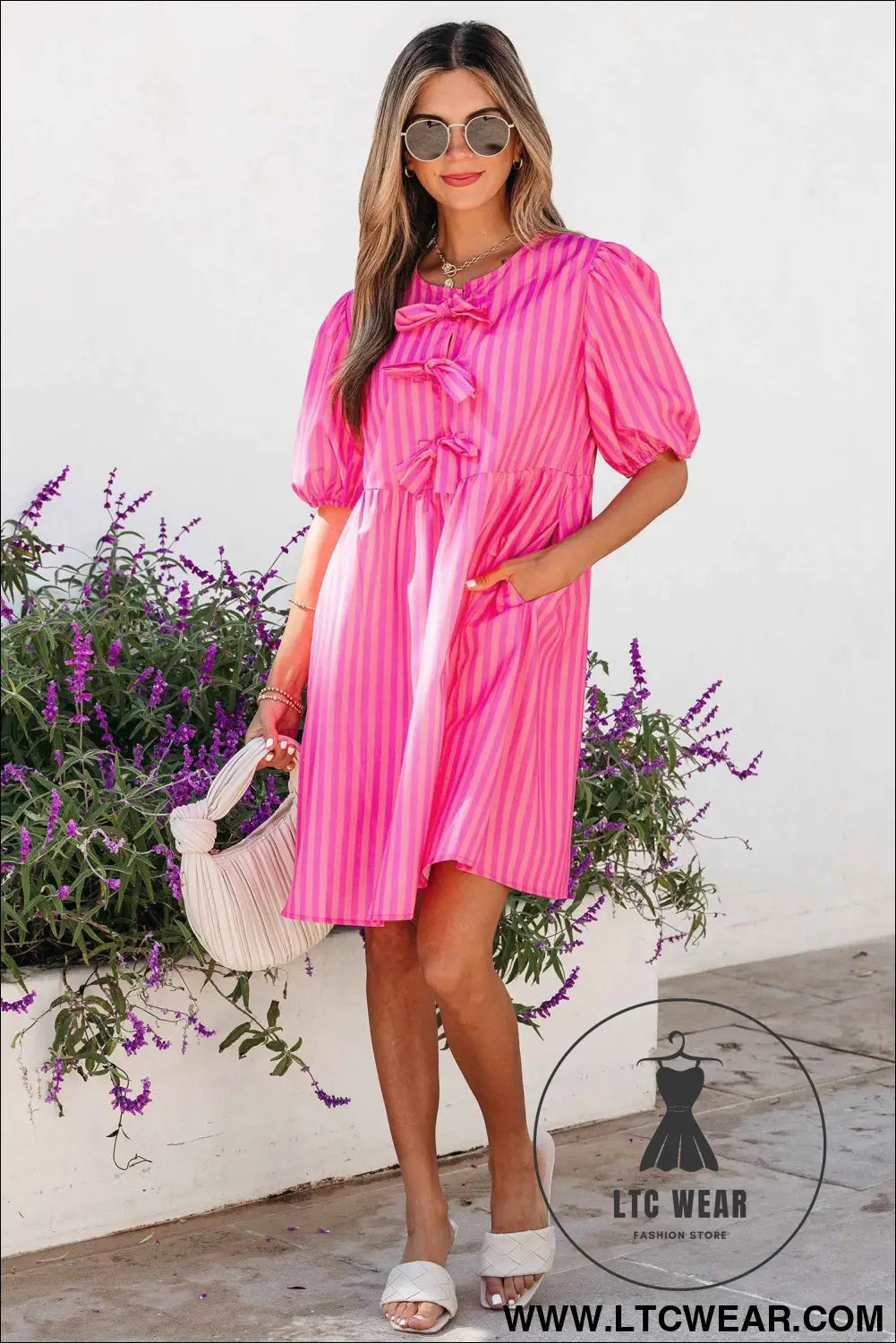 Rose Striped Print Bow Detail Short Puff Sleeve Mini Dress