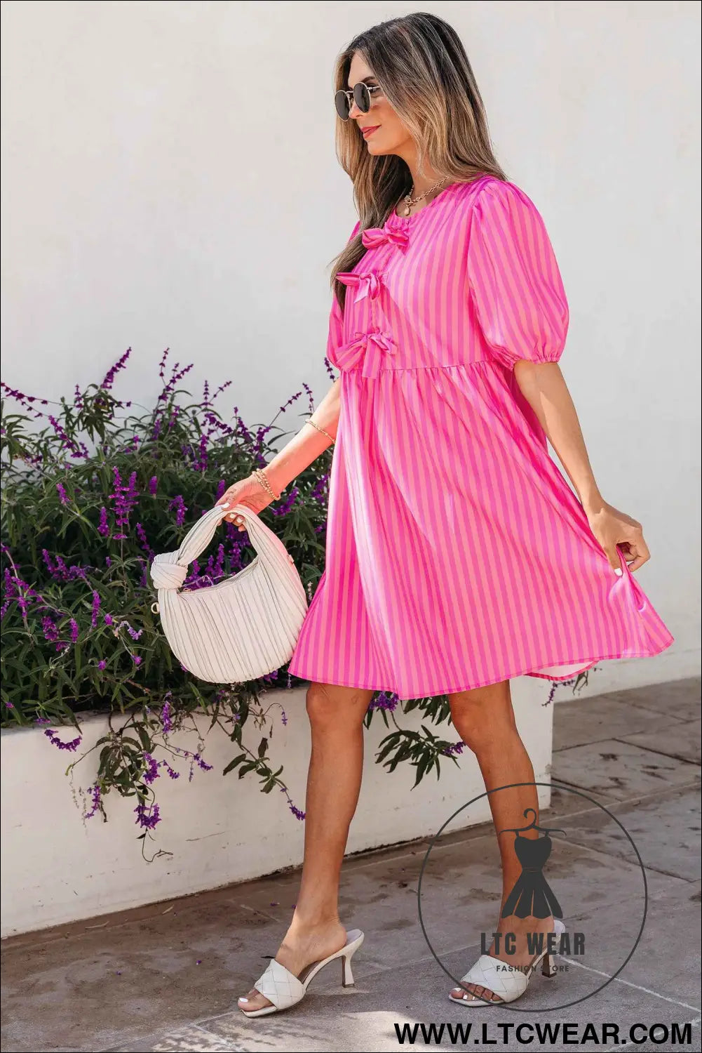 Rose Striped Print Bow Detail Short Puff Sleeve Mini Dress