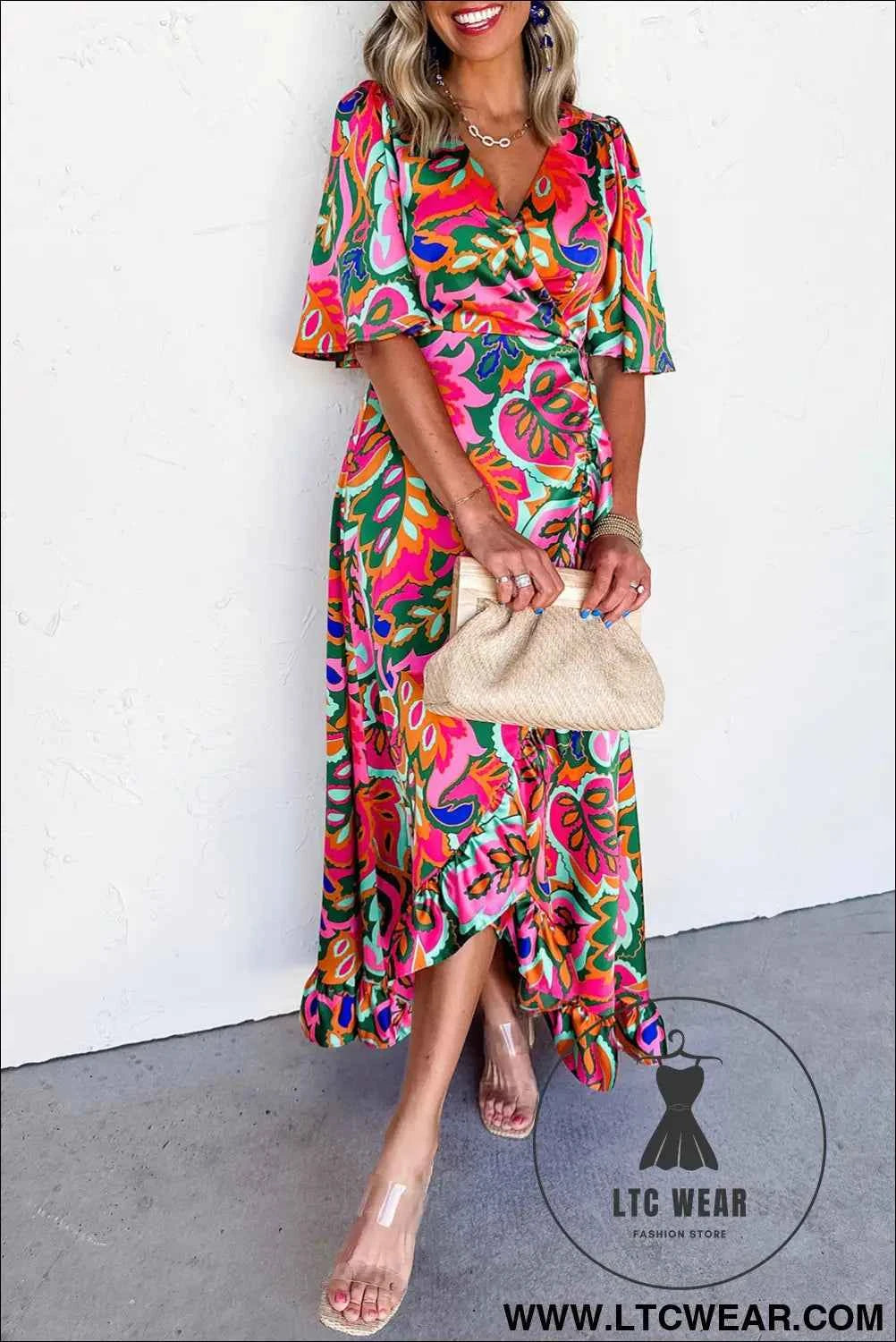 Rose Summer Plant Print Surpliced V Neck Ruffled Asymmetric Slit Wide Short Sleeve Maxi Dress