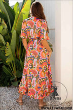 Rose Summer Plant Print Surpliced V Neck Ruffled Asymmetric Slit Wide Short Sleeve Maxi Dress