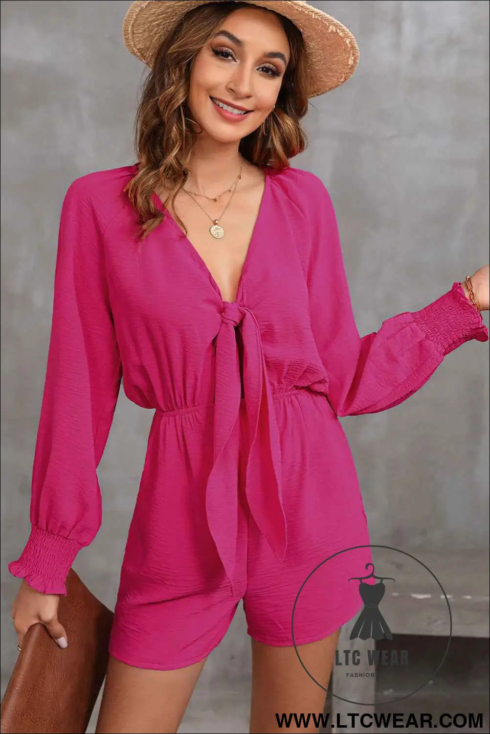 Rose Tie Knot V Neck Puff Long Sleeve Romper