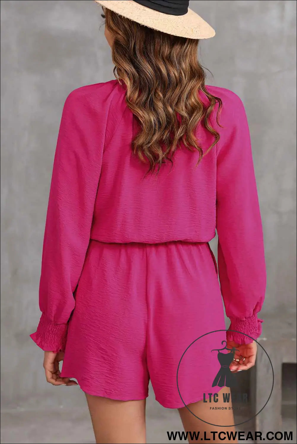 Rose Tie Knot V Neck Puff Long Sleeve Romper