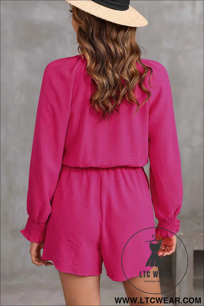 Rose Tie Knot V Neck Puff Long Sleeve Romper