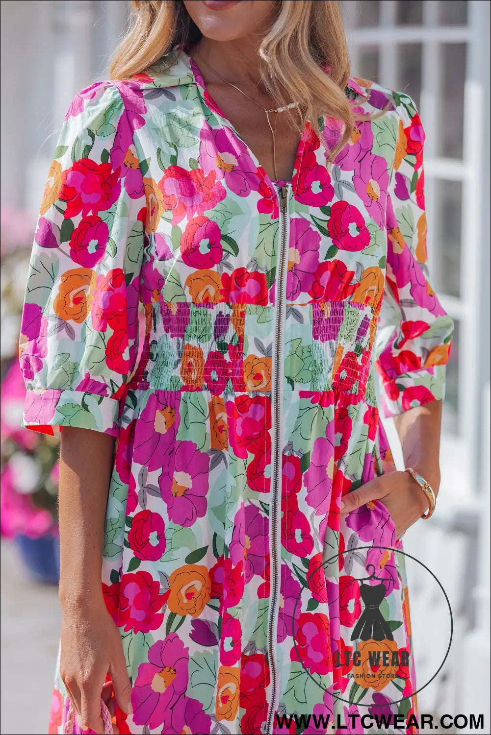 Rose vibrant floral print v neck zip up puffy half sleeve dress - floral dresses