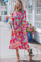 Rose Vibrant Floral Print V Neck Zip Up Puffy Half Sleeve Dress