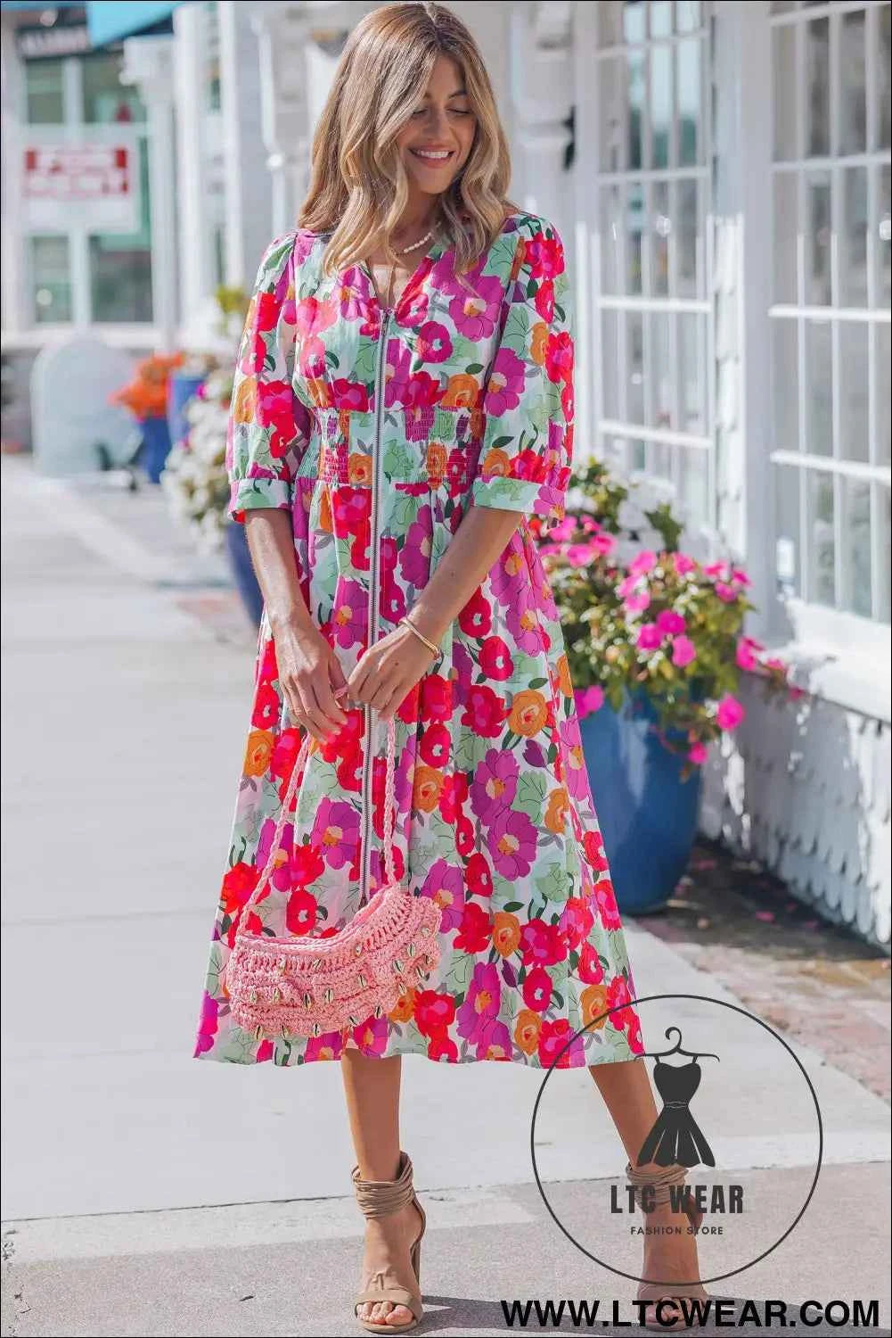 Rose Vibrant Floral Print V Neck Zip Up Puffy Half Sleeve Dress