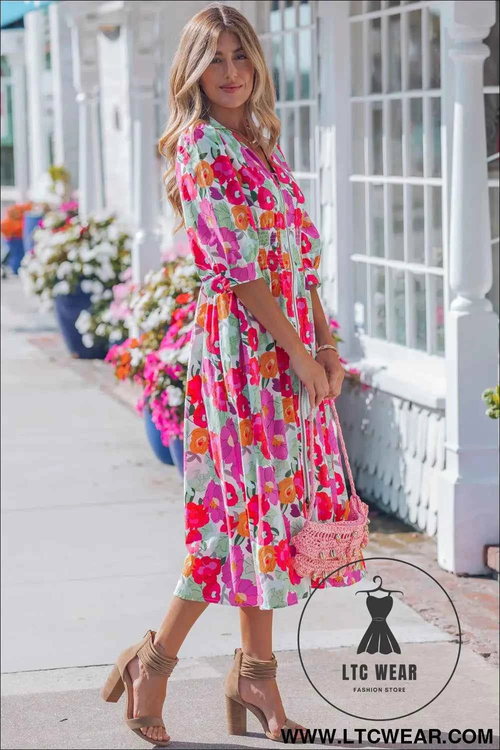 Rose Vibrant Floral Print V Neck Zip Up Puffy Half Sleeve Dress