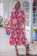 Rose Vibrant Floral Print V Neck Zip Up Puffy Half Sleeve Dress