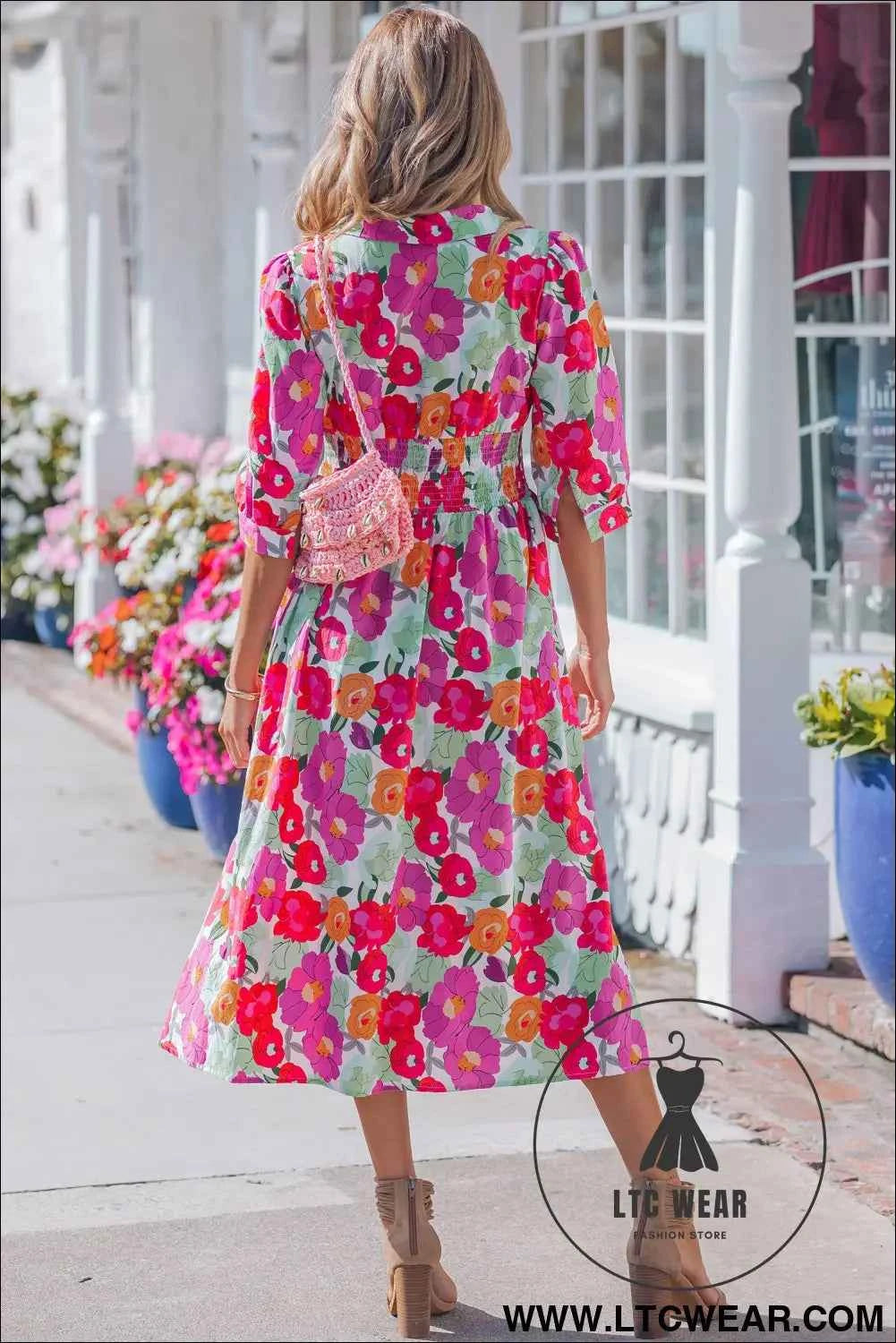 Rose Vibrant Floral Print V Neck Zip Up Puffy Half Sleeve Dress
